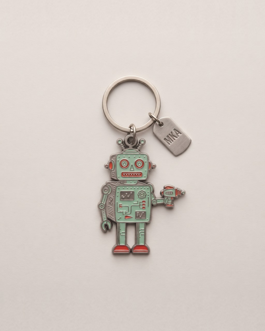 Tin Robot Keychain in Tin and Red
